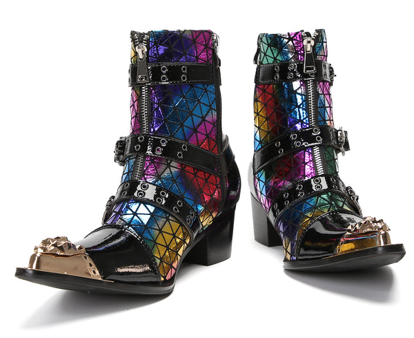 Santimon Mens Casual Western Boots Skull Buckle Color Plaid