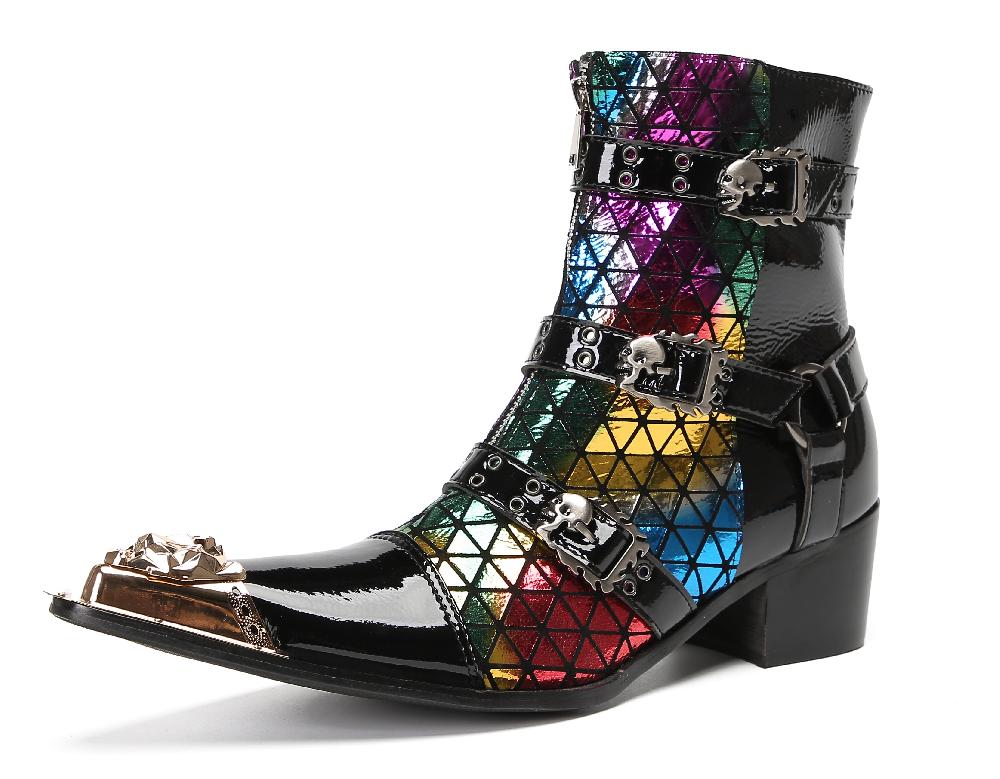 santimon Mens Casual Western Boots Skull Buckle Color Plaid