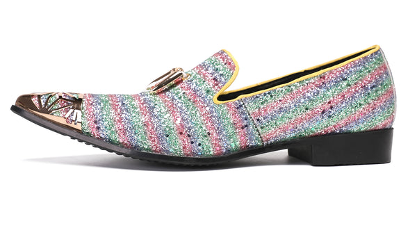 Santimon Mens Metal Tip Casual Glitter Western Loafers