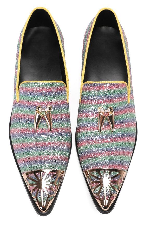 Santimon Mens Metal Tip Casual Glitter Western Loafers
