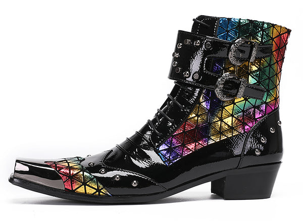 Santimon Mens Metal-Tip Square Patent Leather Western Boots