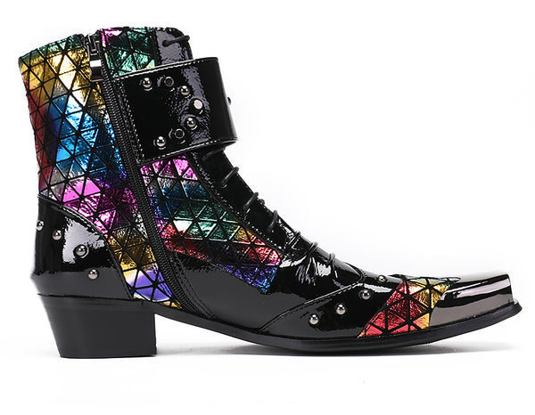 Santimon Mens Metal-Tip Square Patent Leather Western Boots