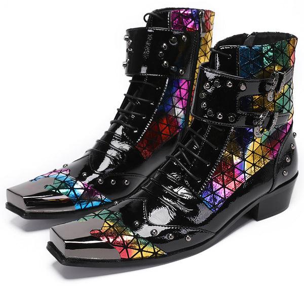 Santimon Mens Metal-Tip Square Patent Leather Western Boots