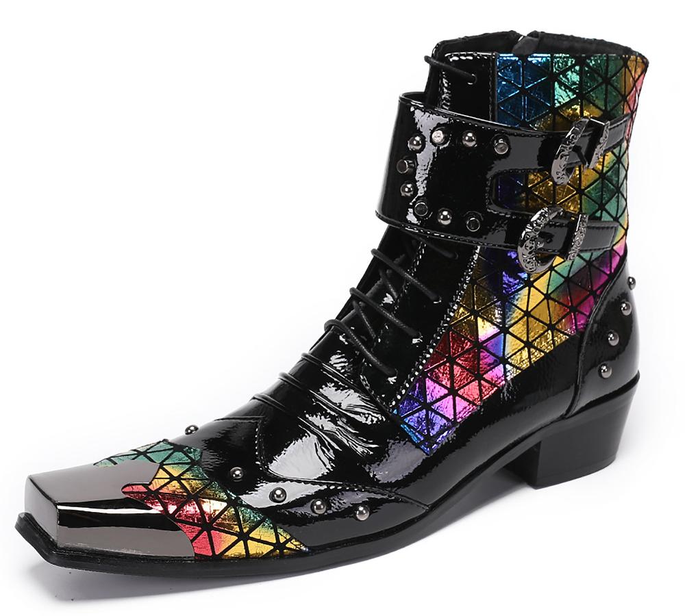 santimon Mens Metal-Tip Square Patent Leather Western Boots