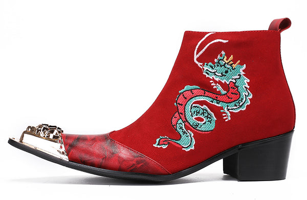 Santimon Mens Metal-Tip Toe Embroideries Dragon Western Boots