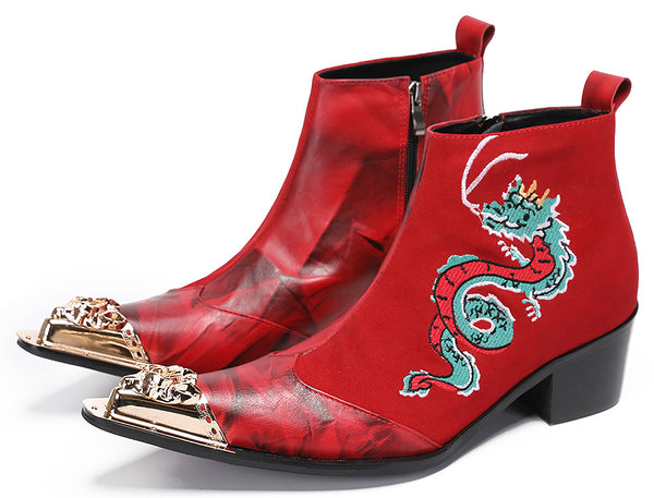 Santimon Mens Metal-Tip Toe Embroideries Dragon Western Boots