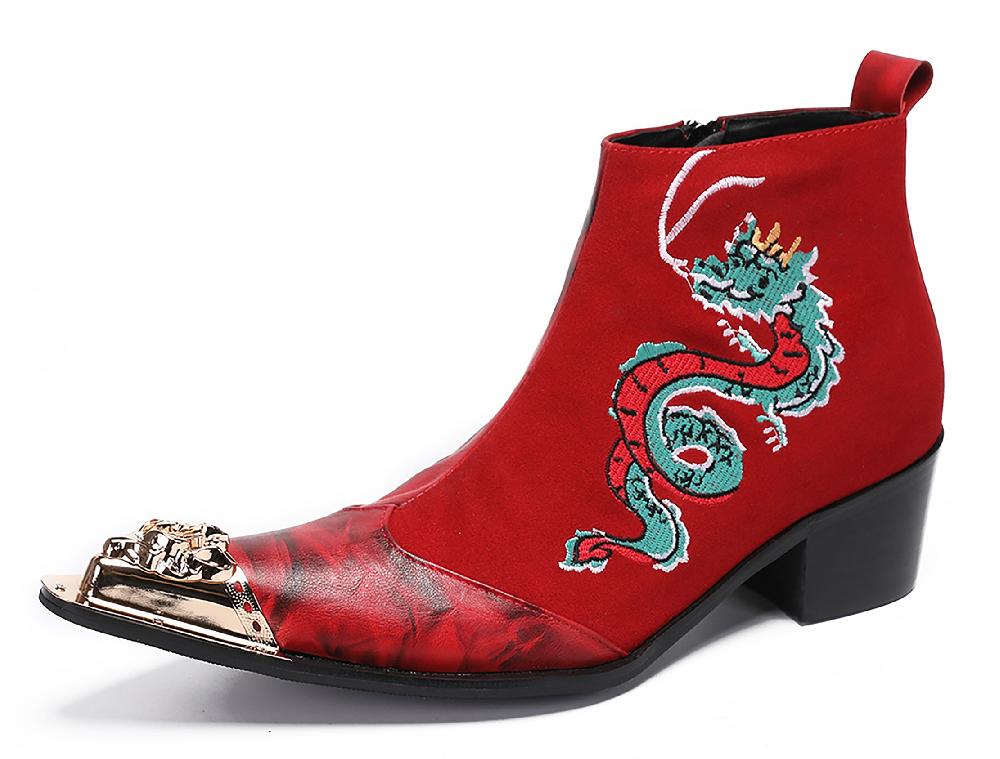 santimon Mens Metal-Tip Toe Embroideries Dragon Western Boots