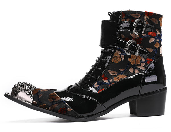 Santimon Mens Metal-Tip Toe Patent Leather Western Boots