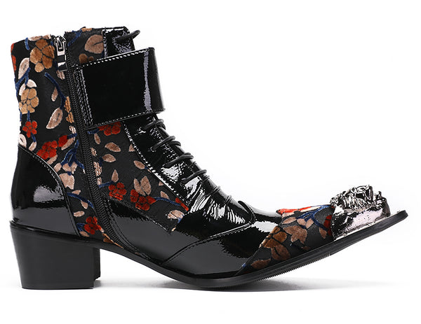 Santimon Mens Metal-Tip Toe Patent Leather Western Boots