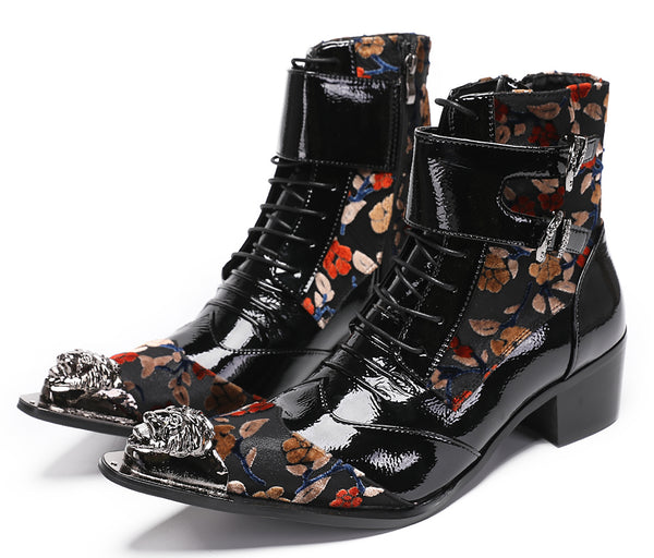 Santimon Mens Metal-Tip Toe Patent Leather Western Boots