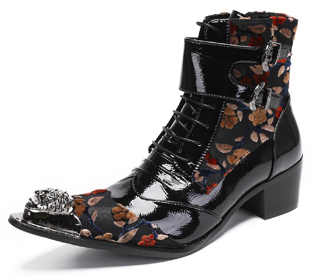 santimon Mens Metal-Tip Toe Patent Leather Western Boots
