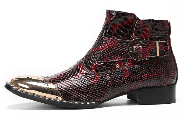 Santimon Mens Metal Wingtip Snakeskin Pattern Chelsea Boots