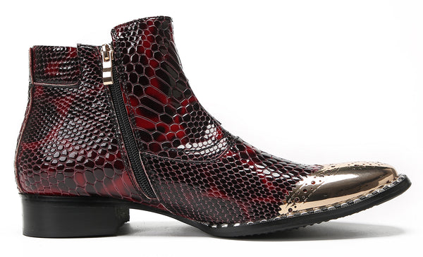 Santimon Mens Metal Wingtip Snakeskin Pattern Chelsea Boots