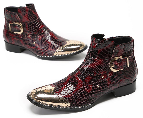 Santimon Mens Metal Wingtip Snakeskin Pattern Chelsea Boots