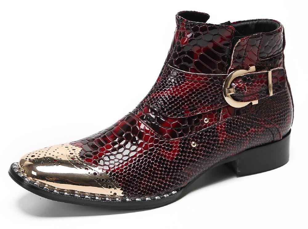 santimon Mens Metal Wingtip Snakeskin Pattern Chelsea Boots
