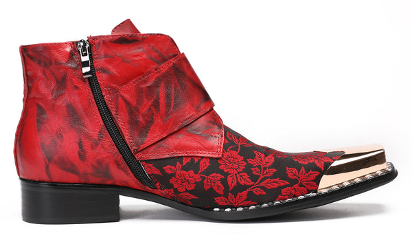 Santimon Mens Red Dress Casual Floral Western Boots