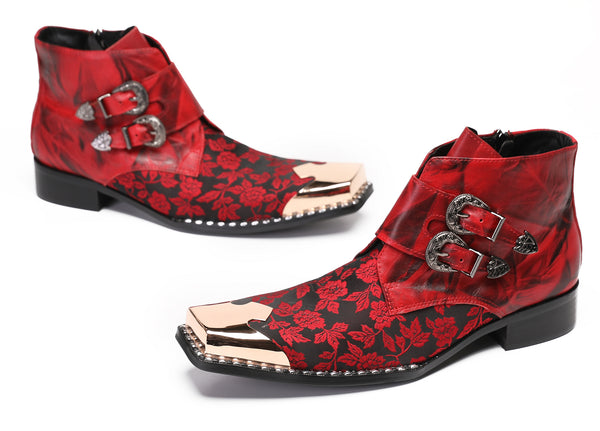 Santimon Mens Red Dress Casual Floral Western Boots