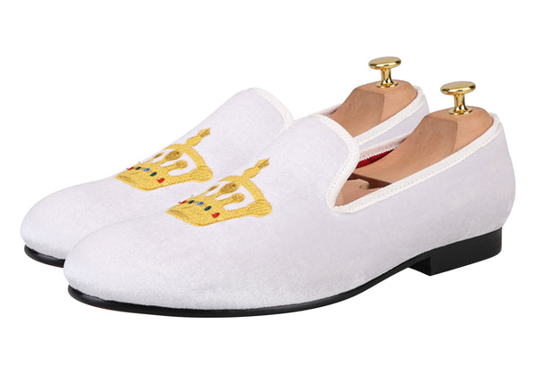 Santimon Mens Suede Loafers Embroidered Crown Slip On Shoes