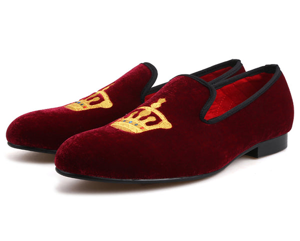 Santimon Mens Suede Loafers Embroidered Crown Slip On Shoes