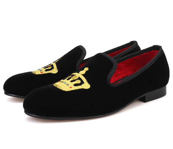 Santimon Mens Suede Loafers Embroidered Crown Slip On Shoes