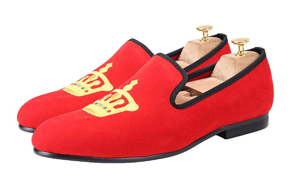 santimon Mens Suede Loafers Embroidered Crown Slip On Shoes