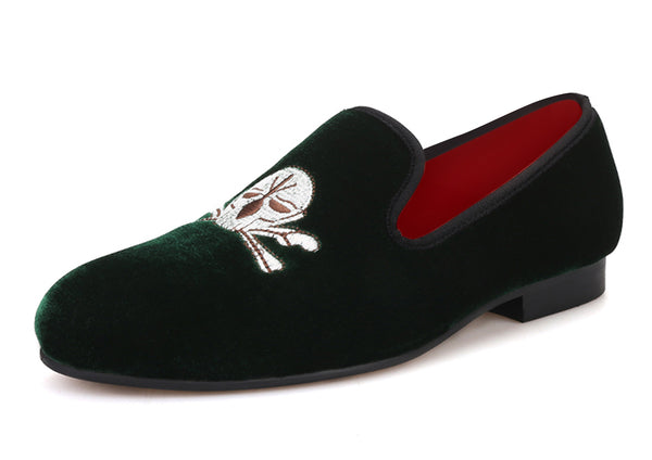 Santimon Mens Suede Slip On Loafers With Skulls Embroidery