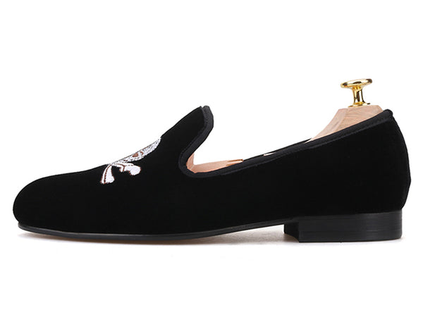 Santimon Mens Suede Slip On Loafers With Skulls Embroidery