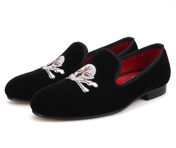 Santimon Mens Suede Slip On Loafers With Skulls Embroidery