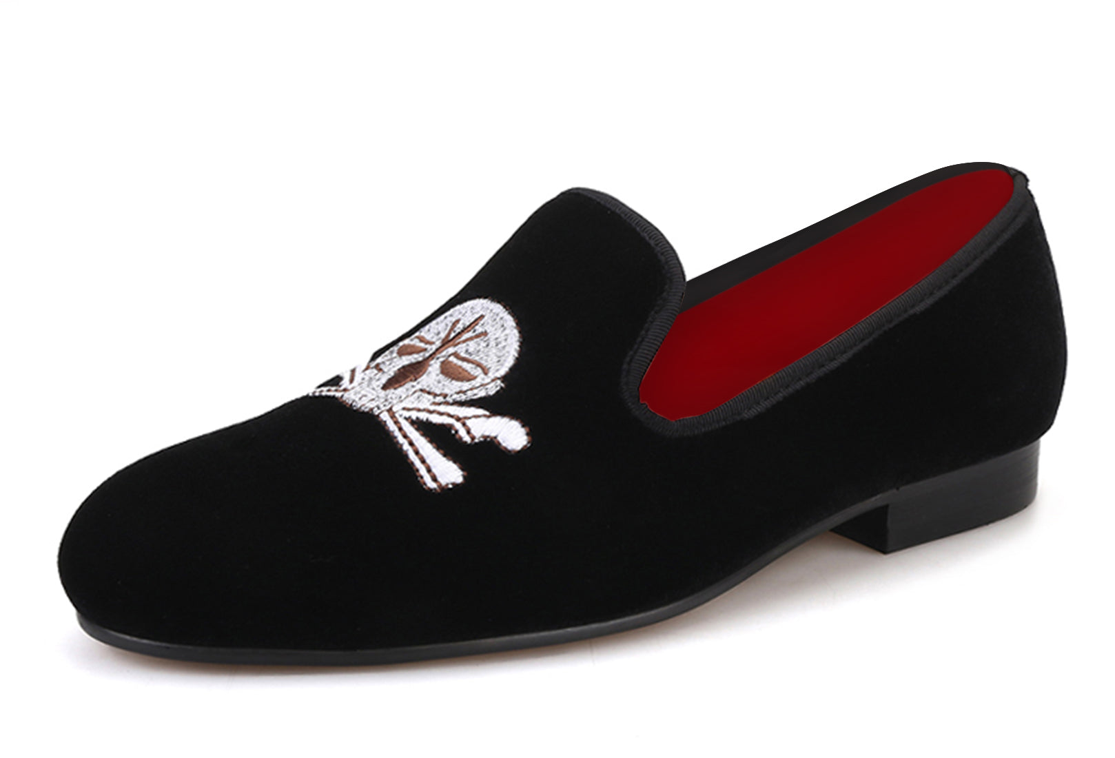 santimon Mens Suede Slip On Loafers with Skulls Embroidery