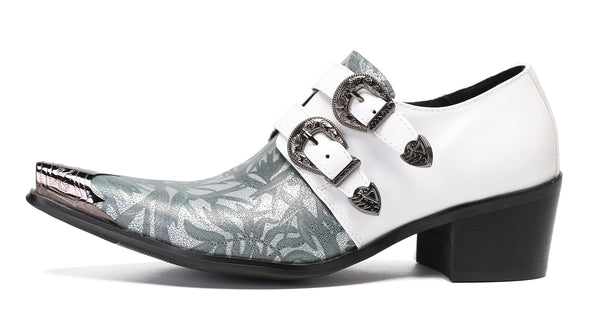 Santimon Mens White Dress Double Buckle Western Loafers
