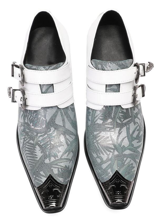 Santimon Mens White Dress Double Buckle Western Loafers