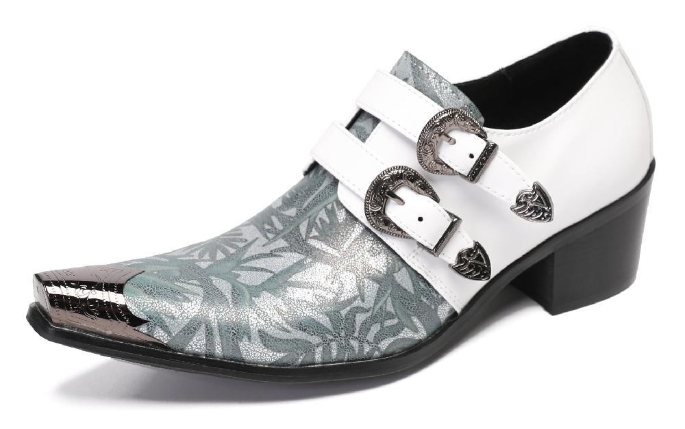 santimon Mens White Dress Double Buckle Western Loafers
