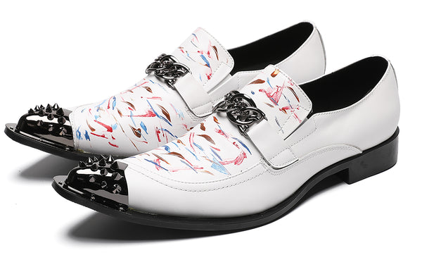 Santimon Mens White Dress Western Loafers Meal Tip Shoes
