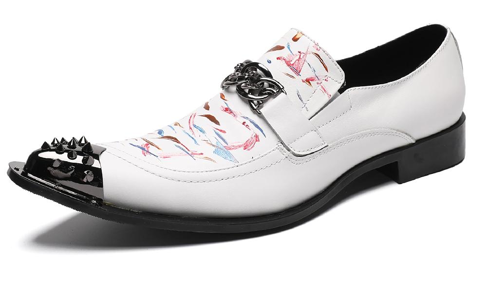 santimon Mens White Dress Western Loafers Meal Tip Shoes