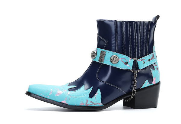 Santimon Men's Buckle Belt Chain Western Boots