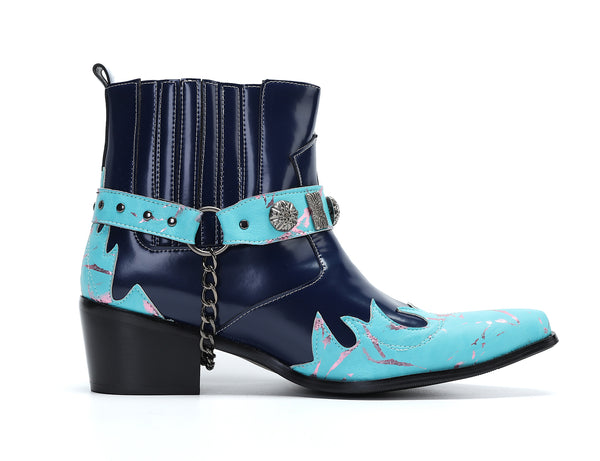 Santimon Men's Buckle Belt Chain Western Boots