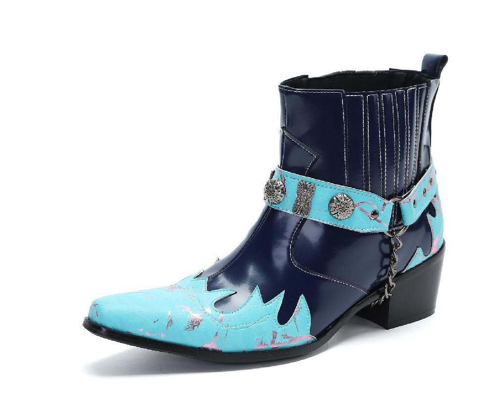 santimon Men's Buckle Belt Chain Western Boots