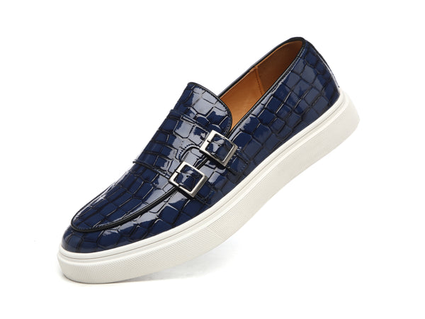 Santimon Men's Croc Effect Buckle Loafers