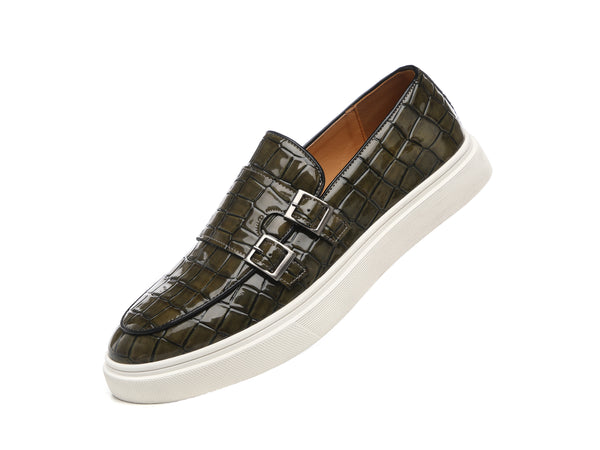 Santimon Men's Croc Effect Buckle Loafers