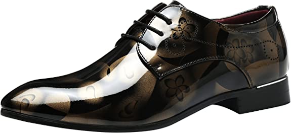Santimon Men's Floral Patent Leather Lace Up Derby