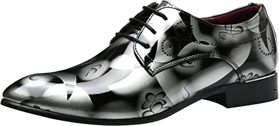 Santimon Men's Floral Patent Leather Lace Up Derby