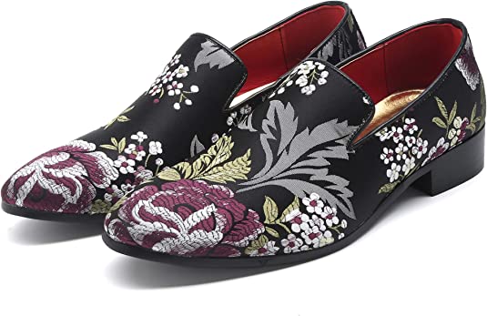 Santimon Men's Floral Smoking Loafers Black Red