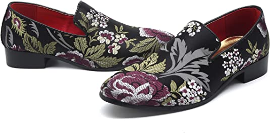 Santimon Men's Floral Smoking Loafers Black Red