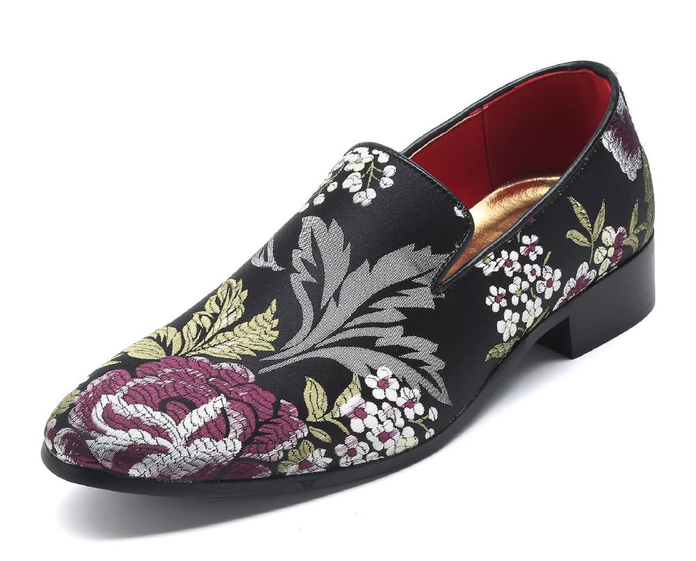 santimon Men's Floral Smoking Loafers Black Red