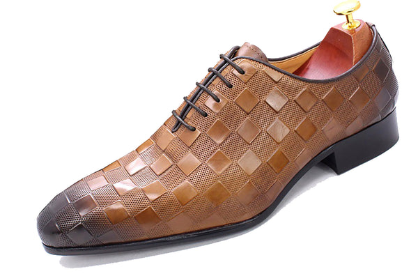 Santimon Men's Handmade Plaid Texture Oxfords