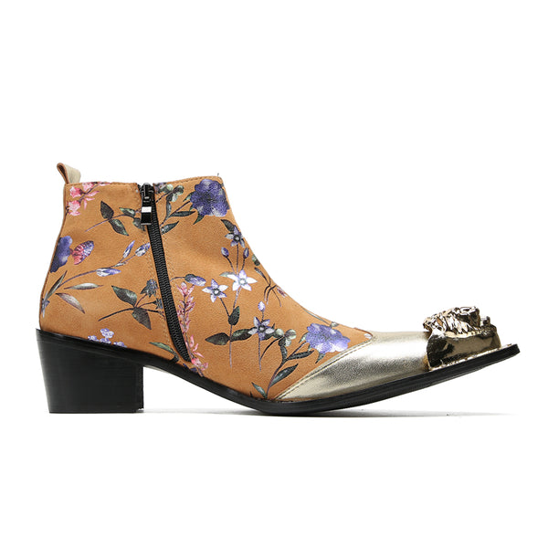 Santimon Men's Metal Toe Flowers Western Boots