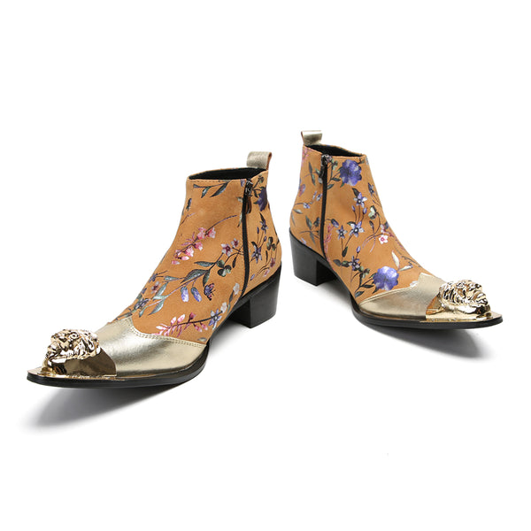 Santimon Men's Metal Toe Flowers Western Boots