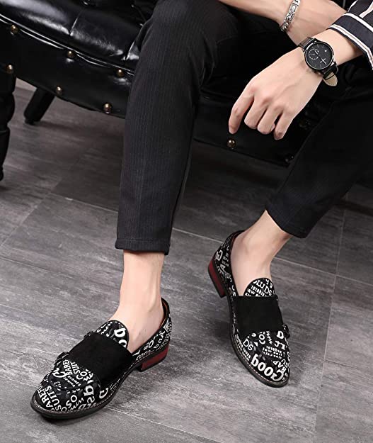 Santimon Men's Monk-Strap Loafers Letter Printed