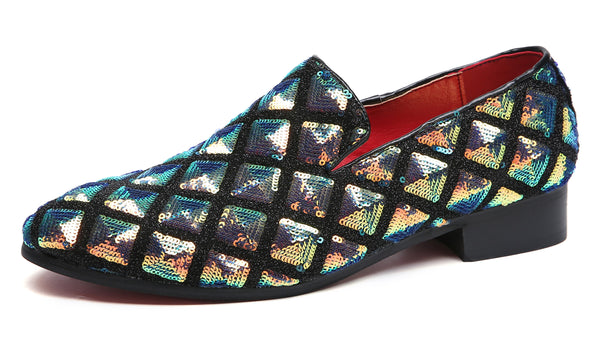 Santimon Men's Paillette Glitter Smoking Loafers