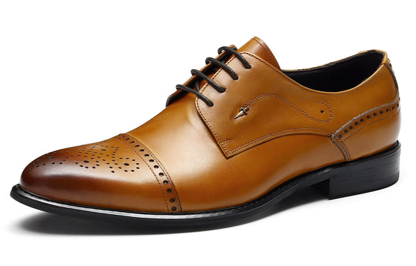 Santimon Men's Pointed Toe Brogues Leather Derby